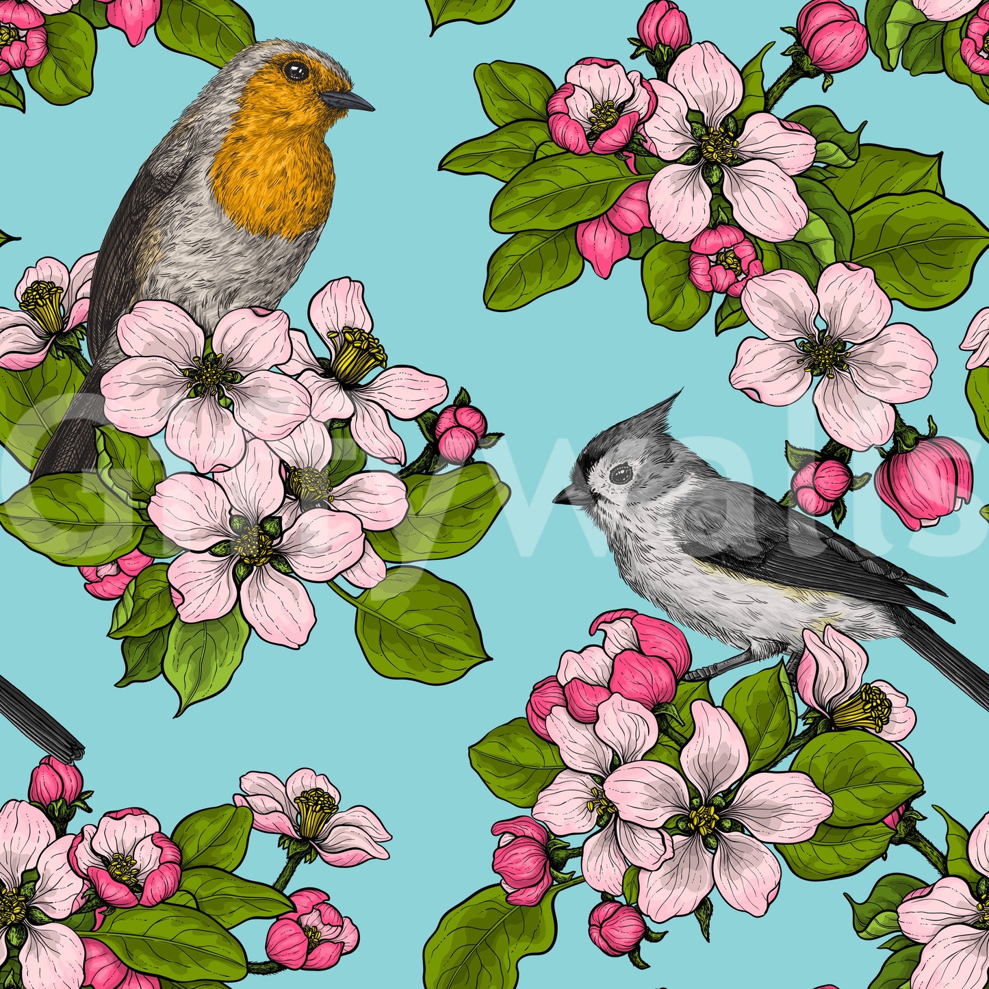Repeating clusters of buds and green leaves fill this birds wallpaper
