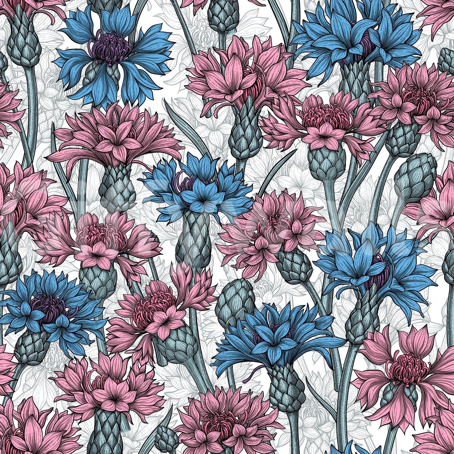Cobalt blue buds intermingle flawlessly throughout the custom produced wallpaper.