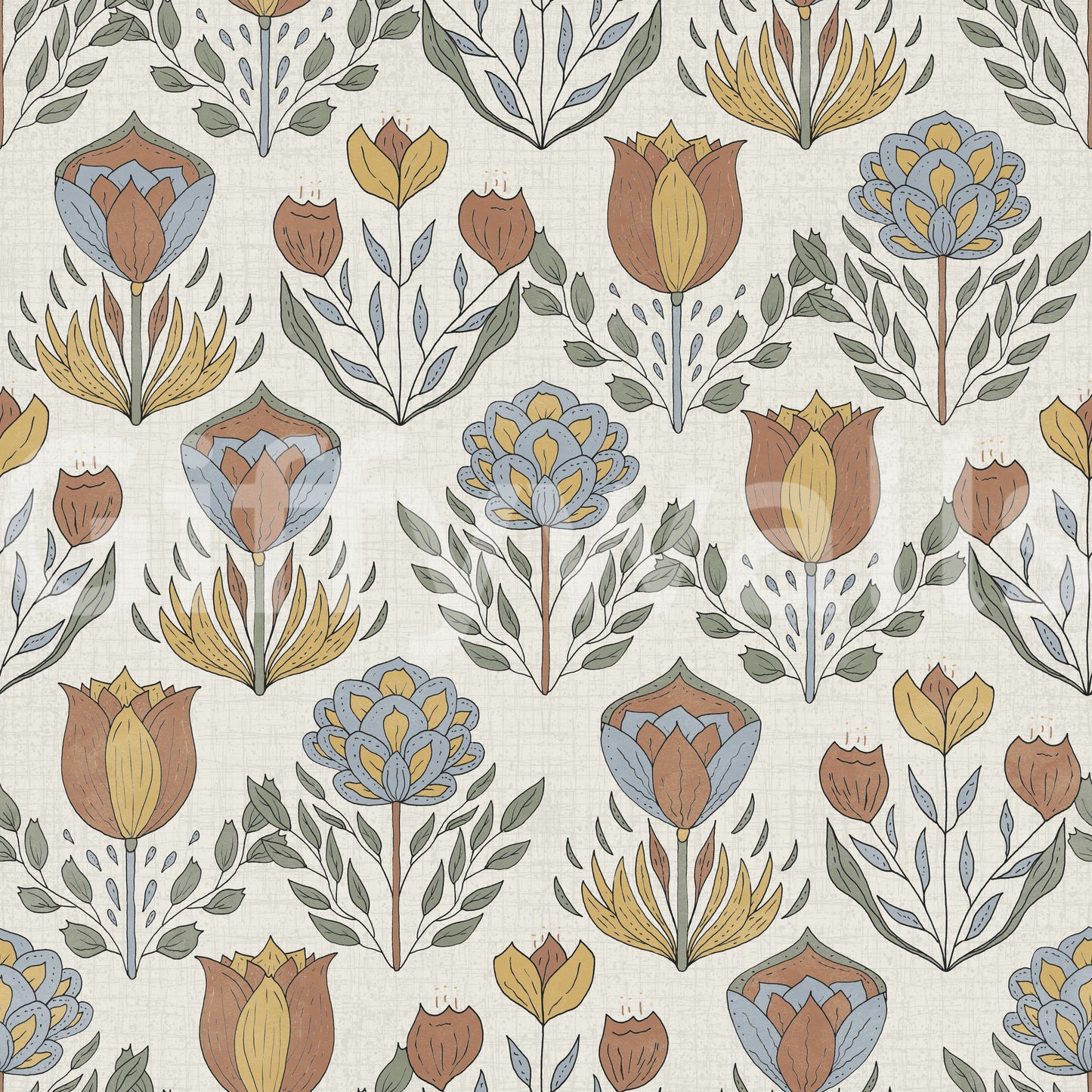 Muted terracotta tones fill the traditional Nordic Folk Bloom Wallpaper pattern