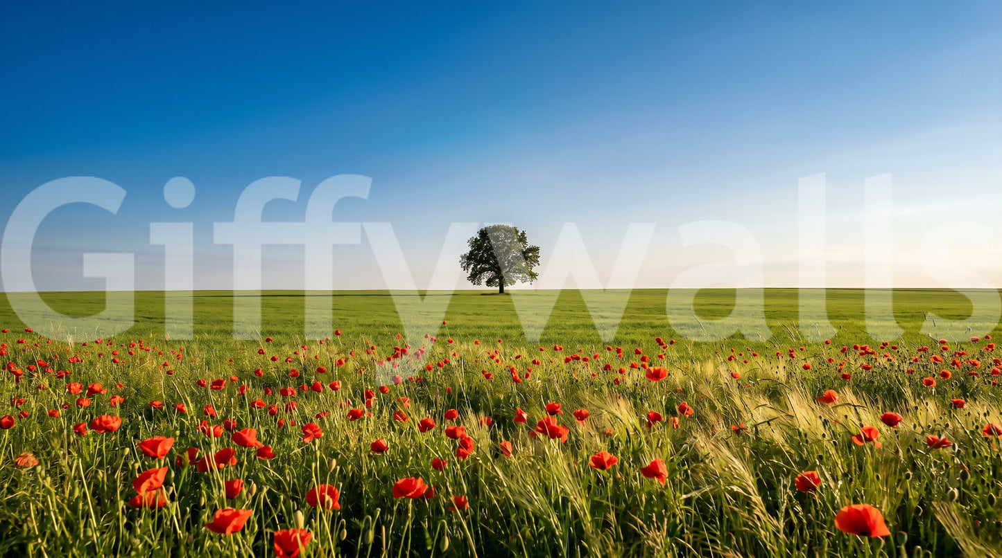 A solitary oak acts as a primary central focal point for the realistic Horizon wall mural.