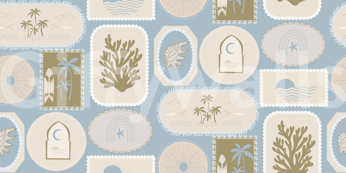 Lounge with Boho Coastal Wallpaper and soft tropical frame illustrations