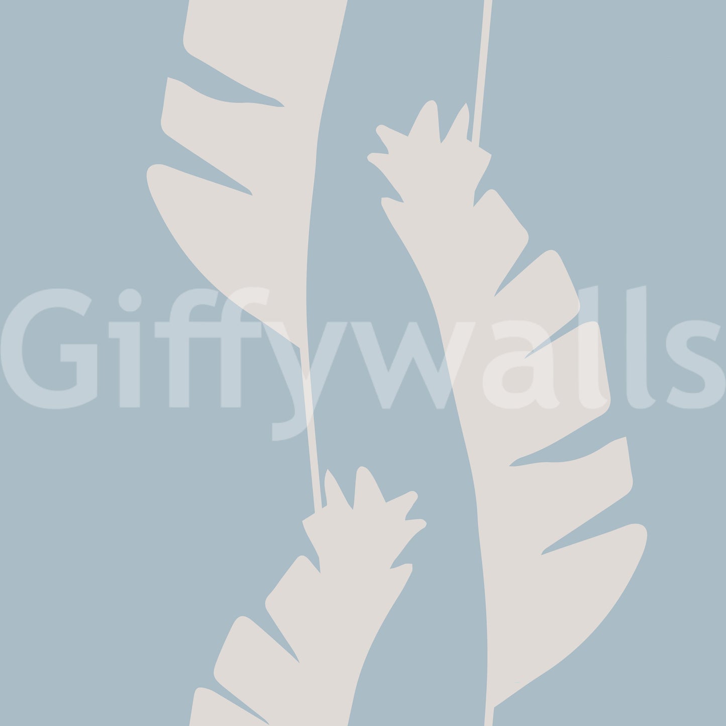 Minimal tropical wallpaper with soft blue ground and white leaf artwork
