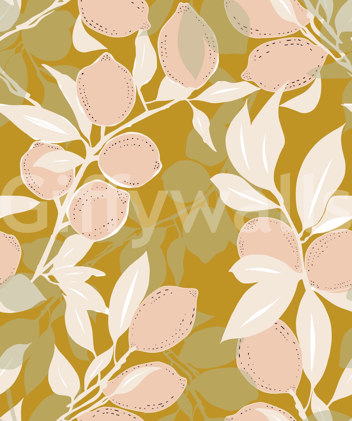 Botanical citrus wallpaper with peach lemons and cream leaf contrast