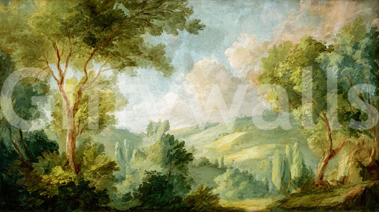 Painted landscape mural showing tree branches and distant valley tones