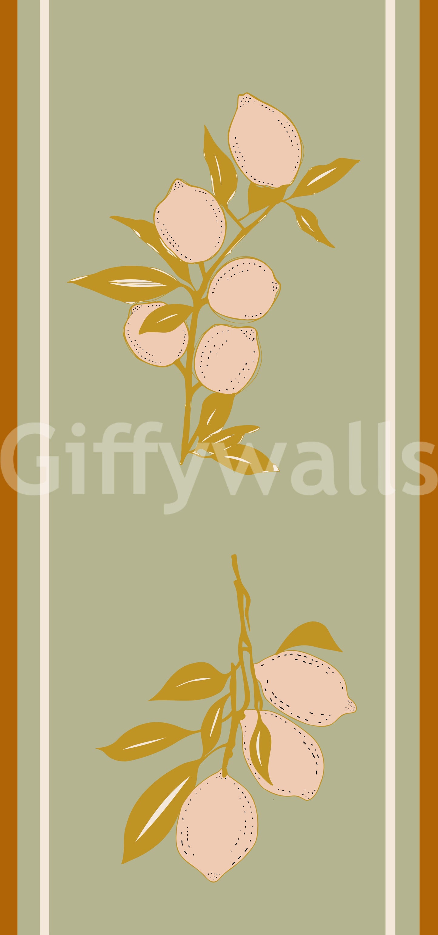 Sage Mediterranean wallpaper with citrus clusters and slim border styling