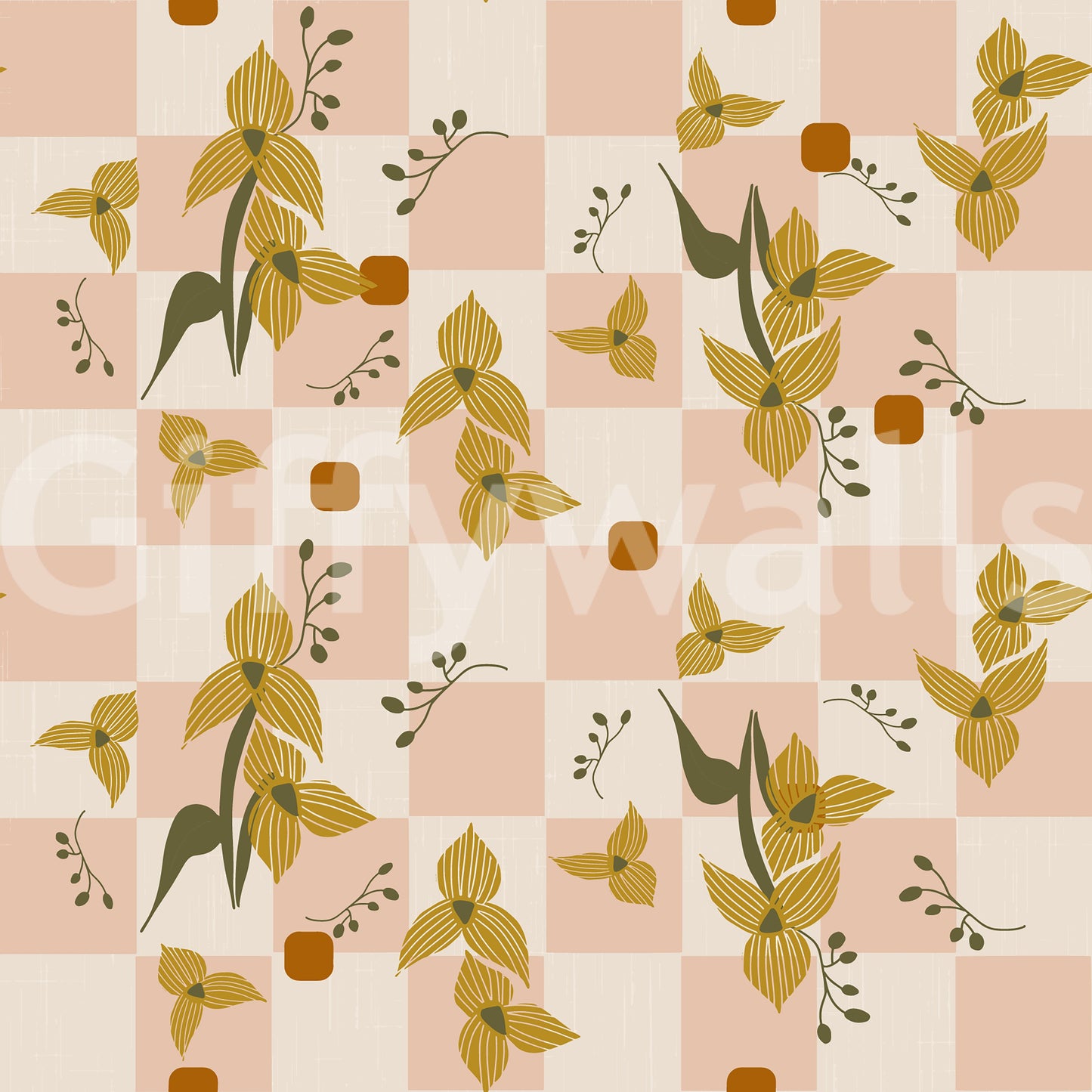 Pattern wallpaper with pink checker floral forms and earthy contrast
