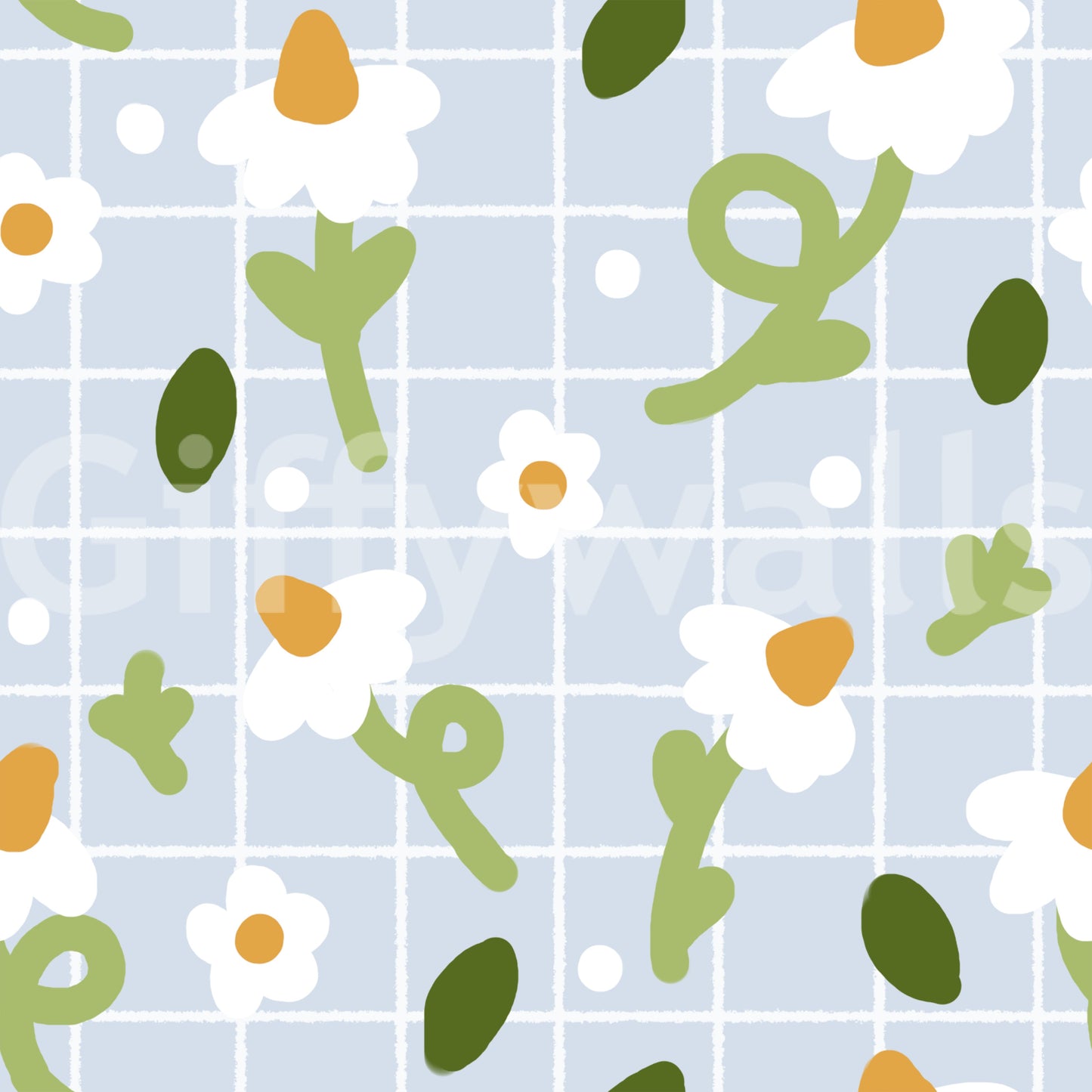 Chalky grid lines under white flowers on Whimsical Daisies wallpaper
