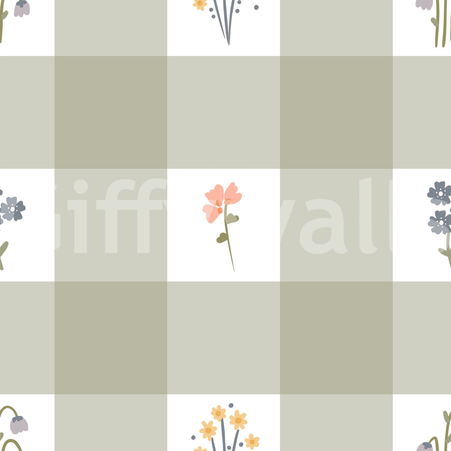 Blue grey florets and golden blooms on the Gingham Floral wallpaper