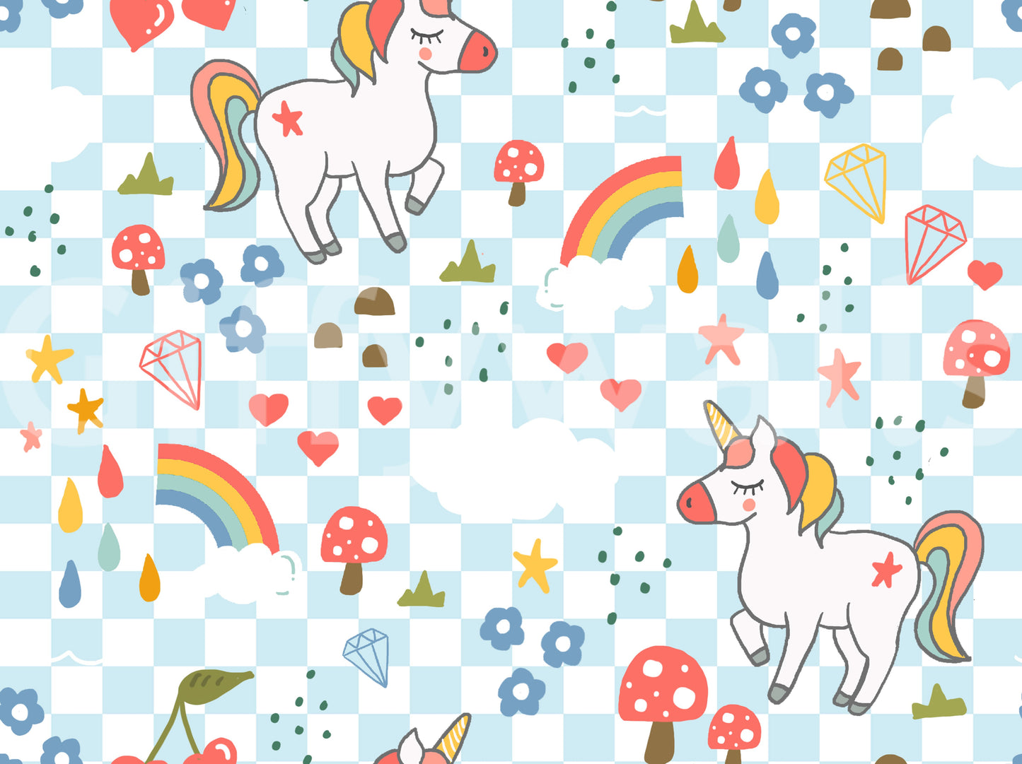 Full pattern view of the Unicorn Dreams wallpaper in pastel tones