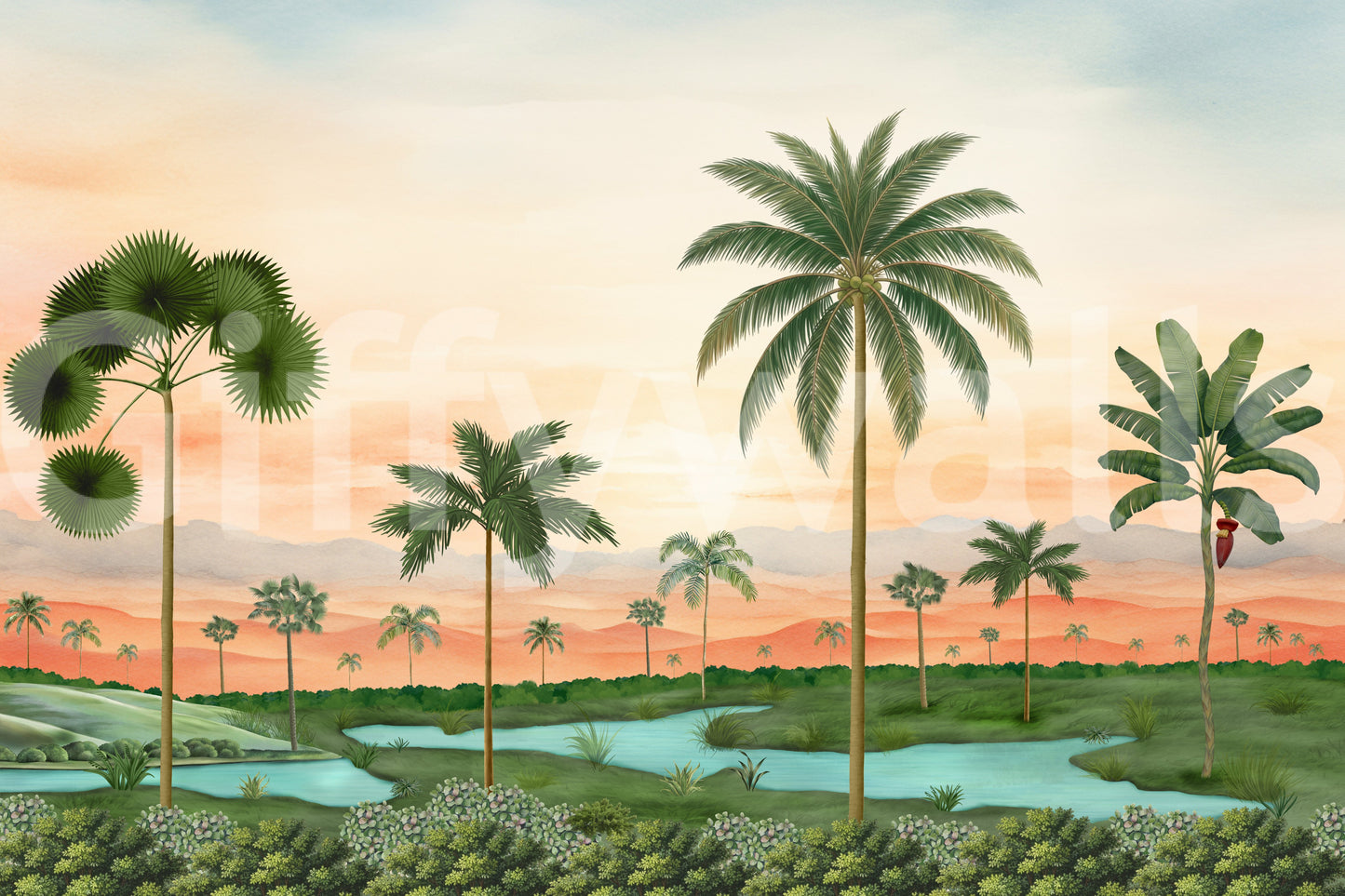 Coconut palms and banana leaves spread on River Retreat wall mural view.