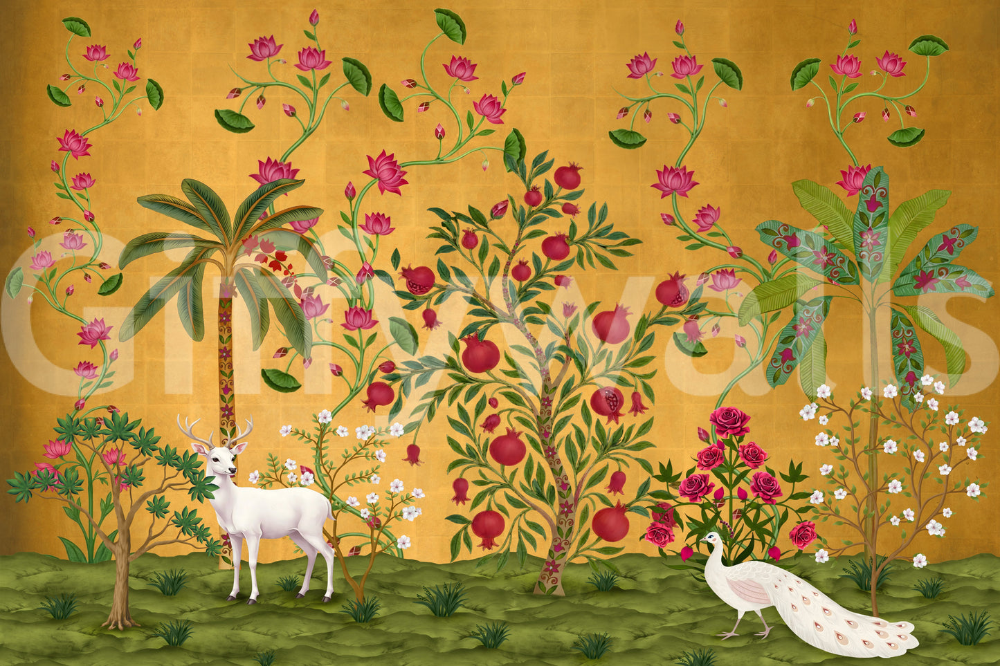 Palms and a white peacock fill the lower Regal Wildlife Paradise wall mural scene