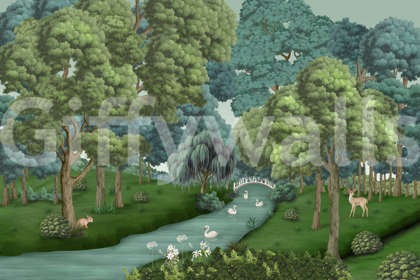 Weeping willow leans toward swans in the Swan Lake Woodland wall mural
