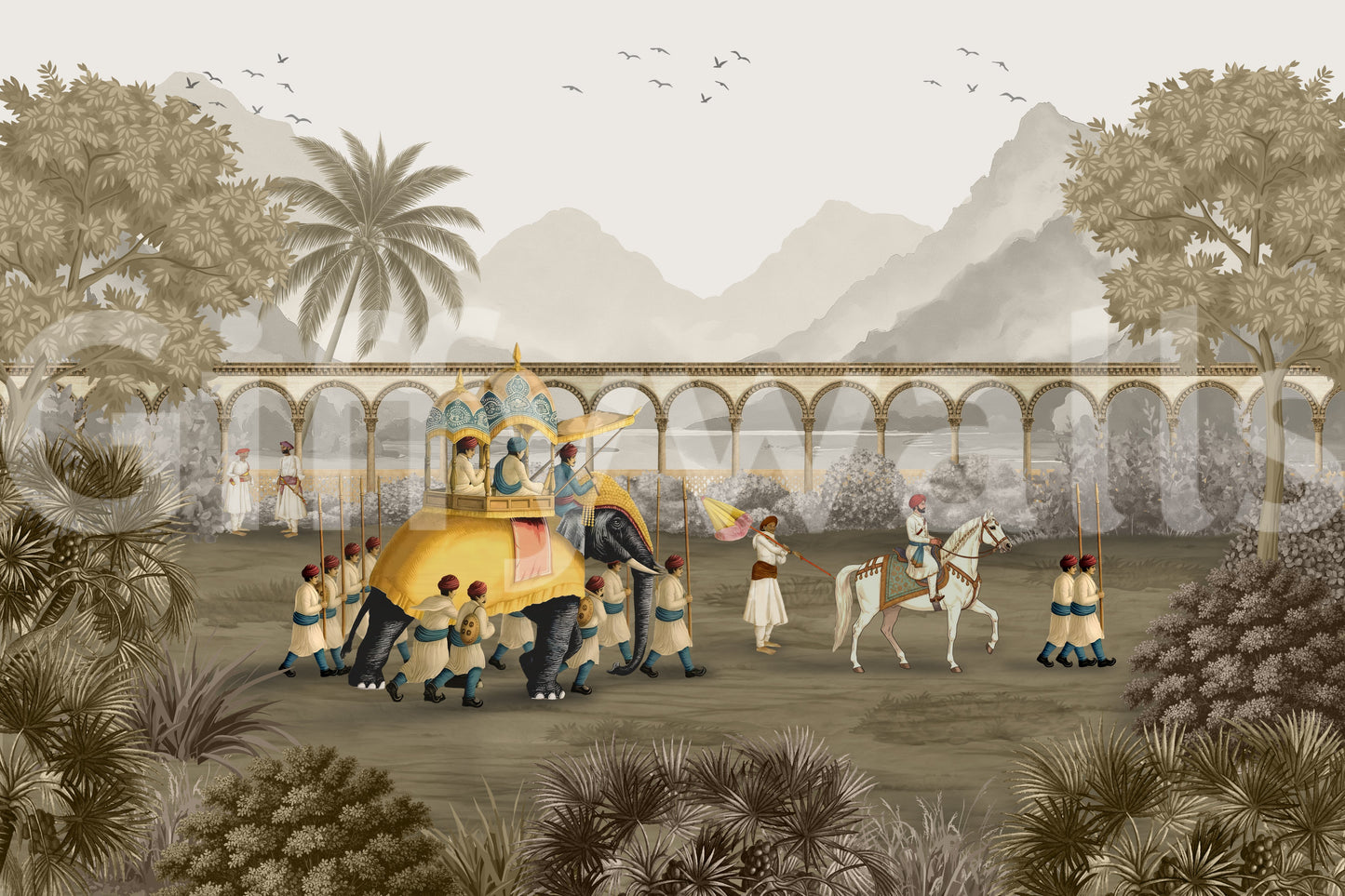 Palm trees and sepia mountains frame this Mughal Grandeur wall mural