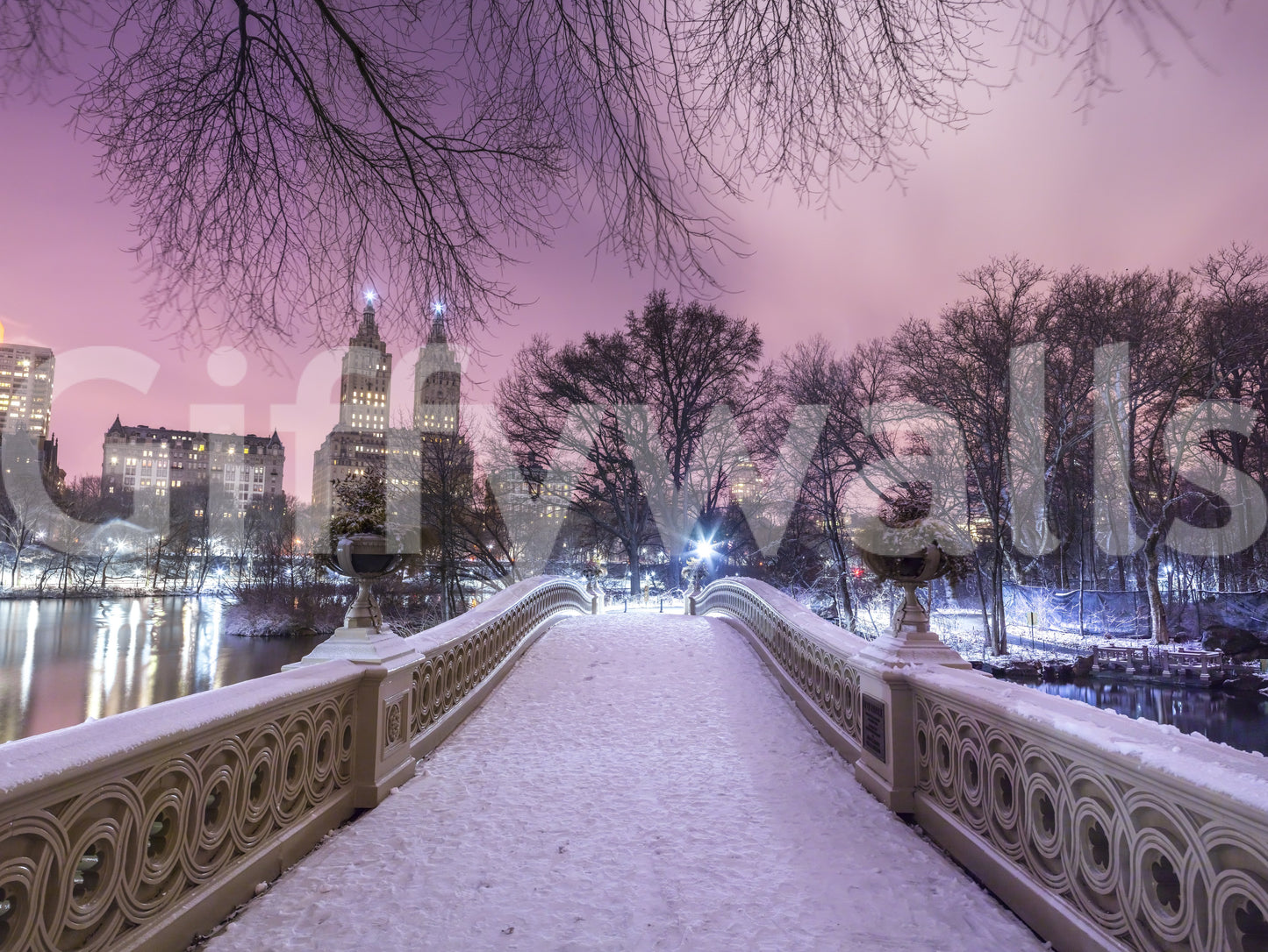 Violet sky meets white snow across the Bow Bridge Winter wall mural
