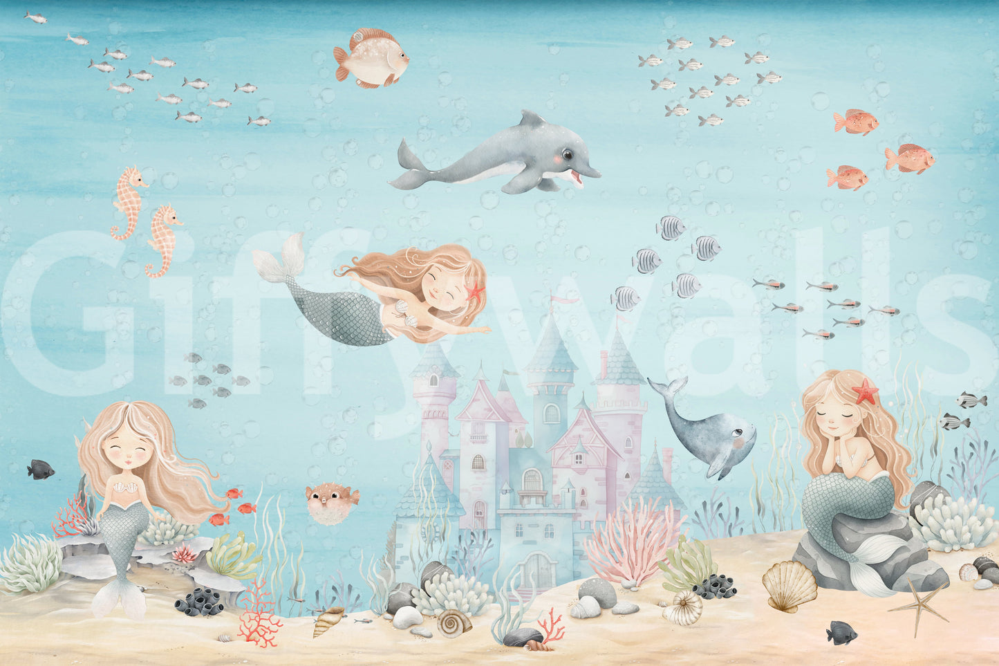 Sandy seabed with shells and starfish grounds the Deep Sea Mermaid Haven wall mural