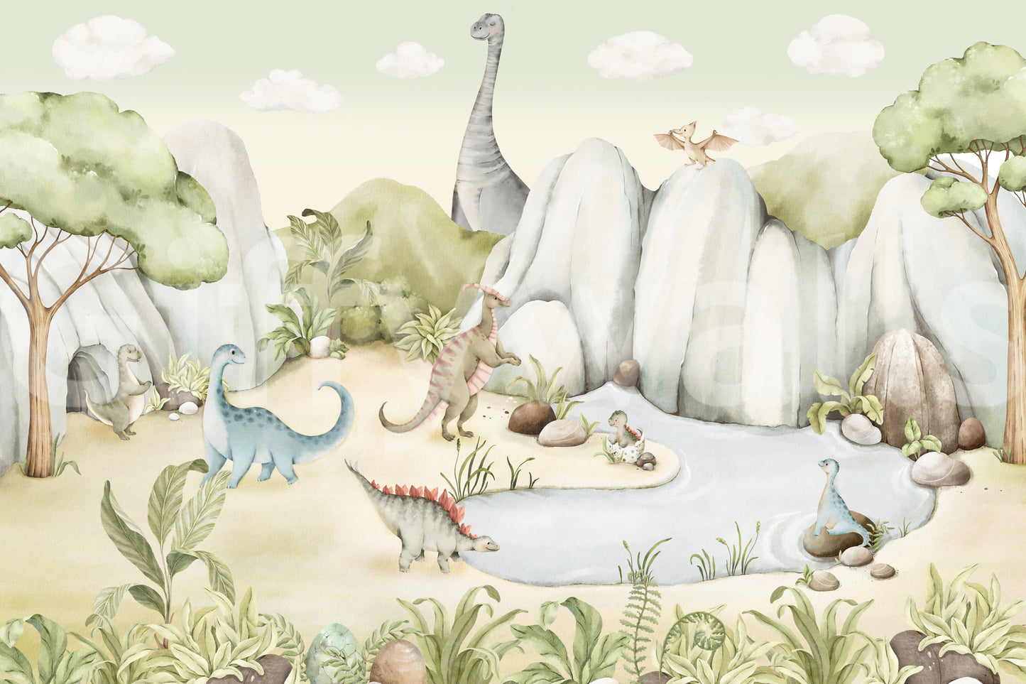 Watercolor Dino World Wall Mural