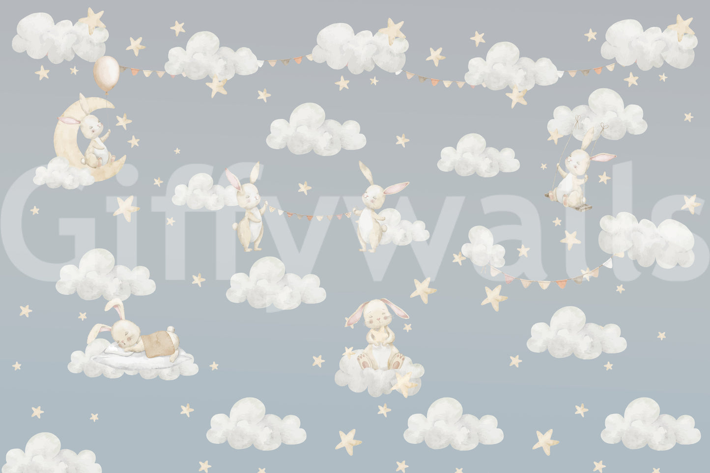 Dreamy Bunnies & Starry Clouds Wall Mural