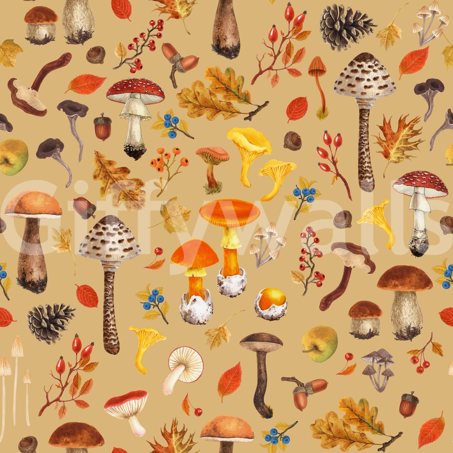 Parasol mushroom and maple leaf detail on the ochre wallpaper repeat