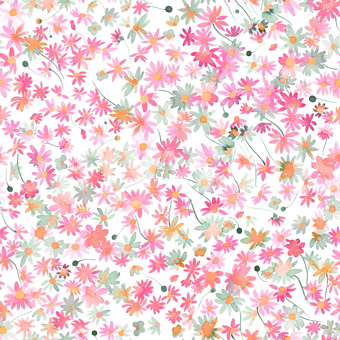 All-over flower repeat with green stems sits across the wallpaper