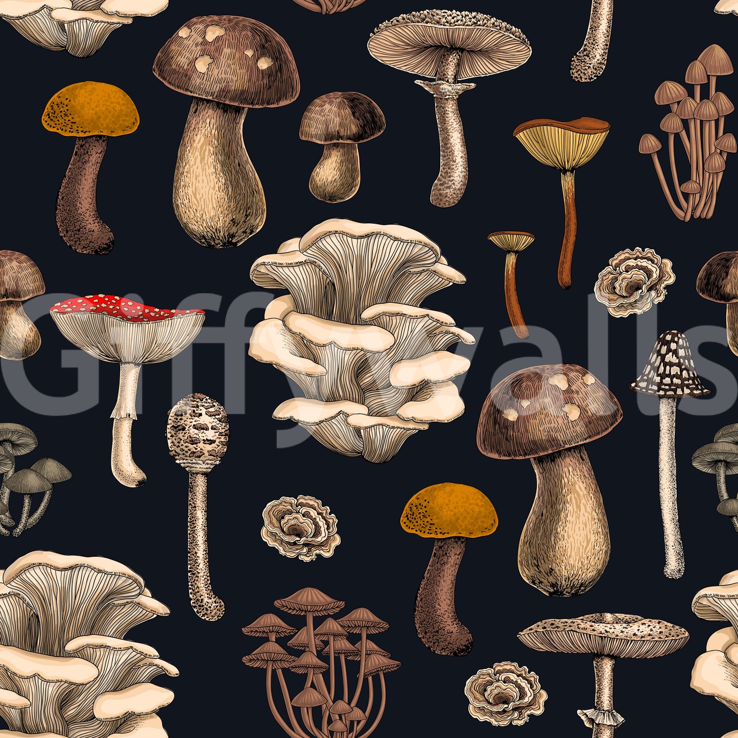caps and dotted amanitas repeat on this graphite black mushroom wallpaper.