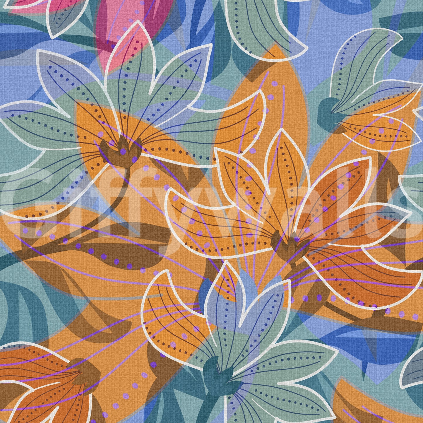 Leaves and buds filling the behind the larger blooms on the wallpaper