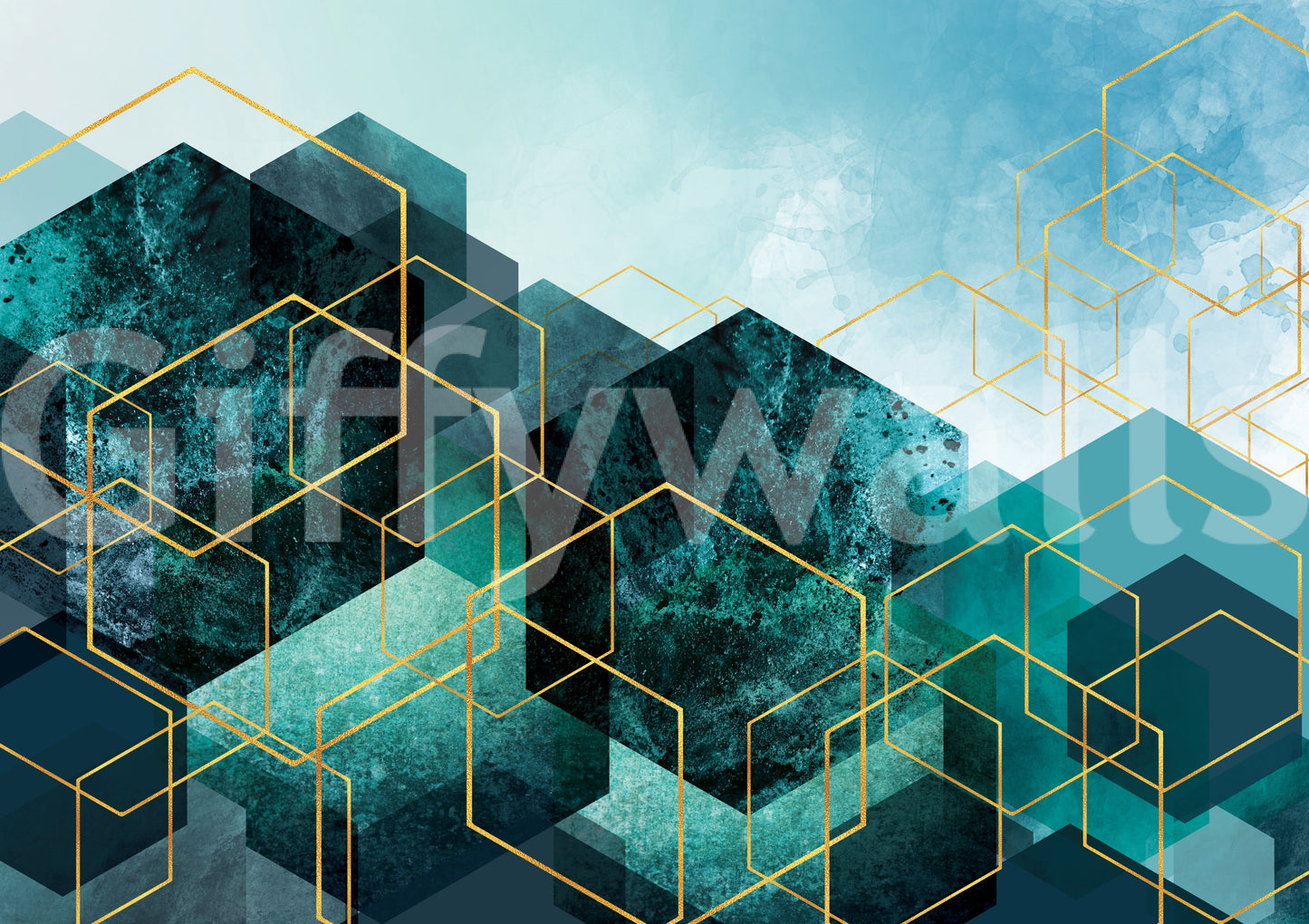 Geometric Teal Gold Glow Wall Mural