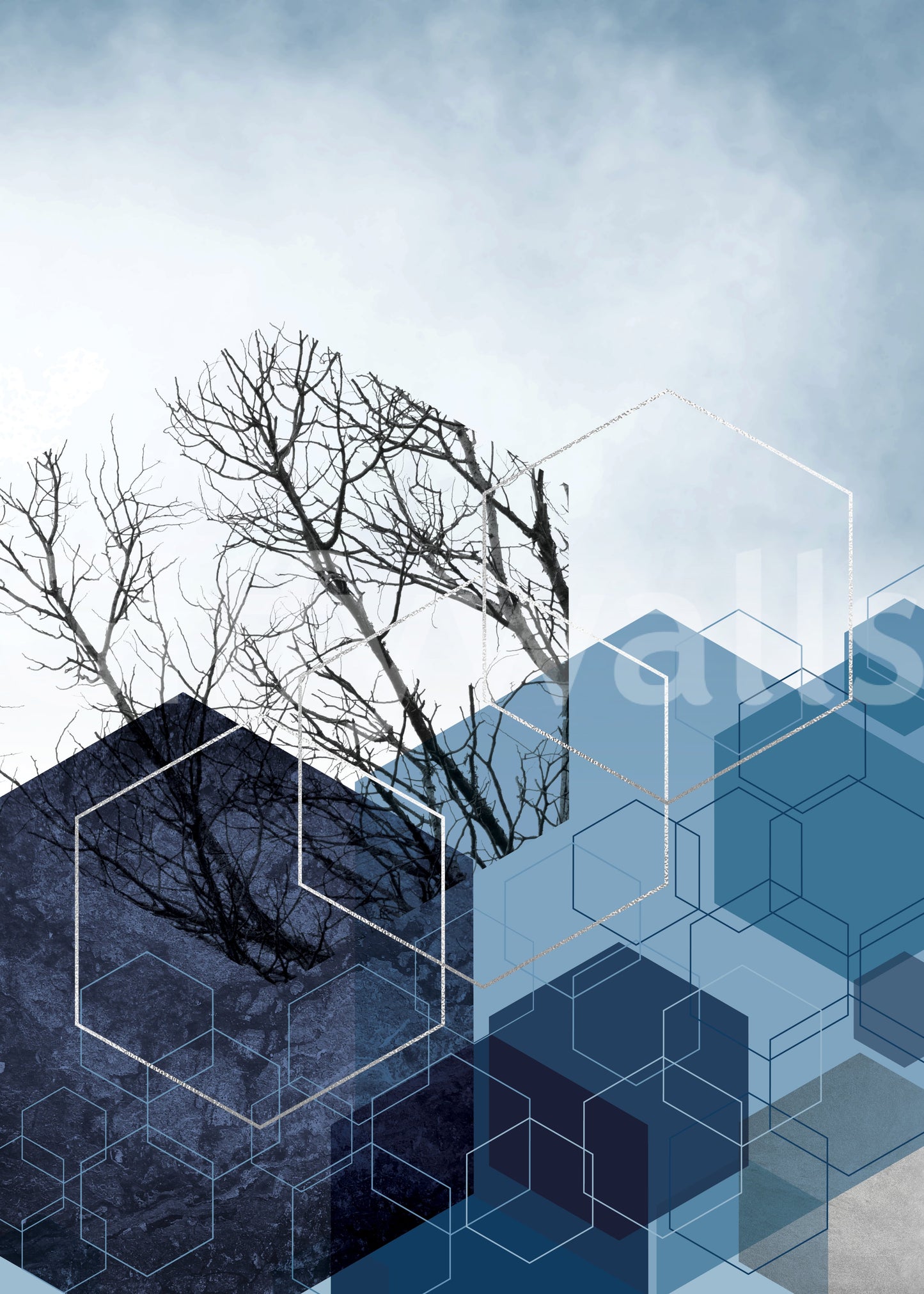 Blue Hexagon Winter Branch Wall Mural