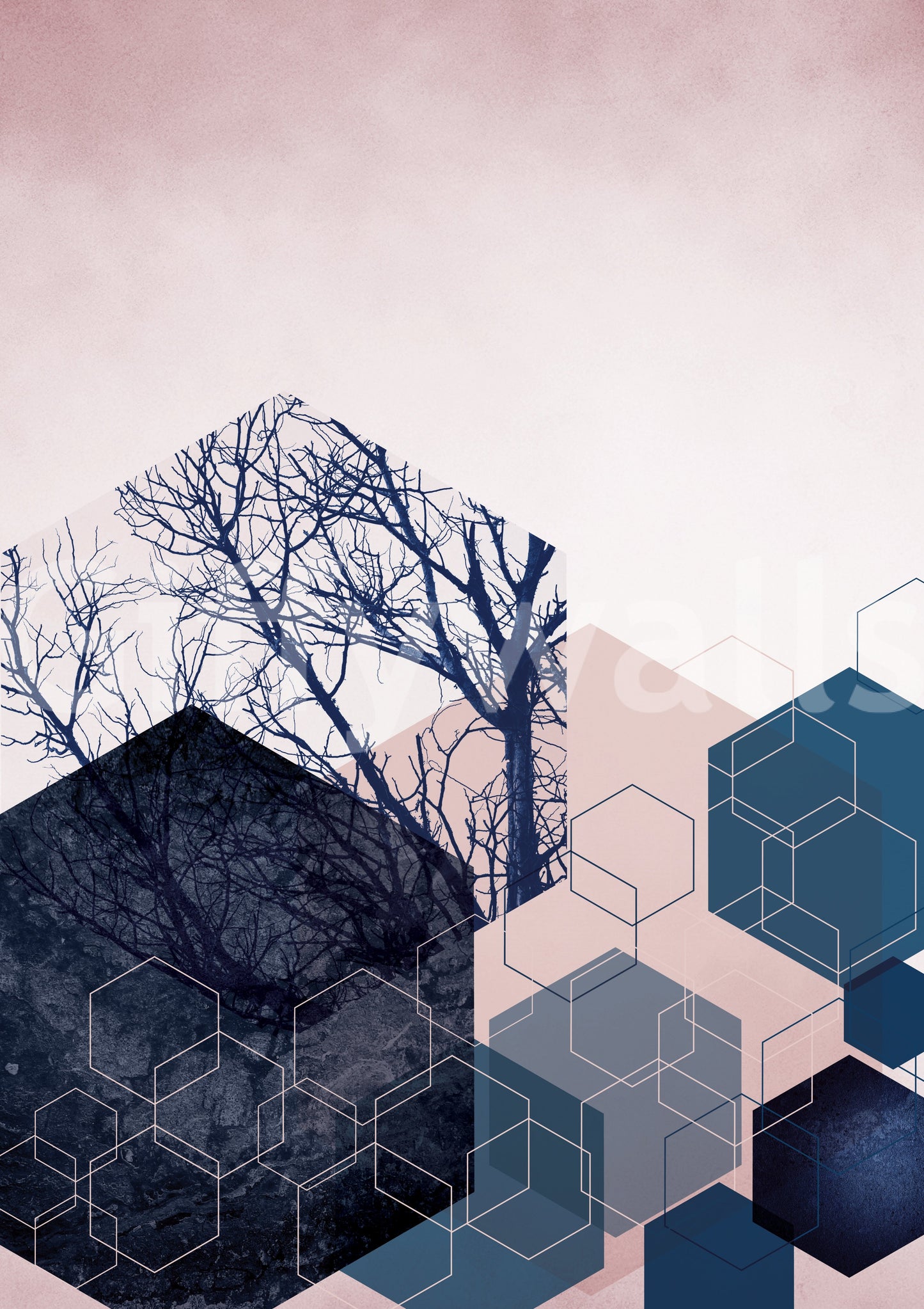 Geometric Grove: Midnight & Blush 2 Wall Mural