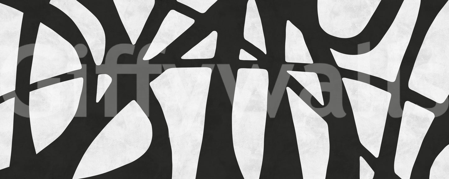 Abstract black wall mural with flowing shapes and minimal white balance
