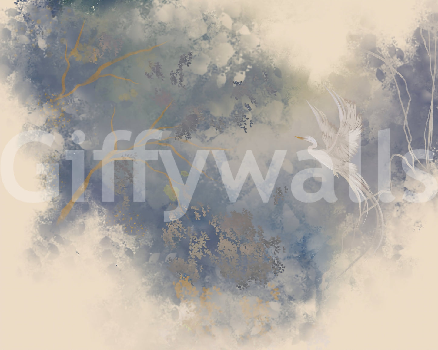 Pastel botanical wall mural with white bird, muted foliage, and light texture