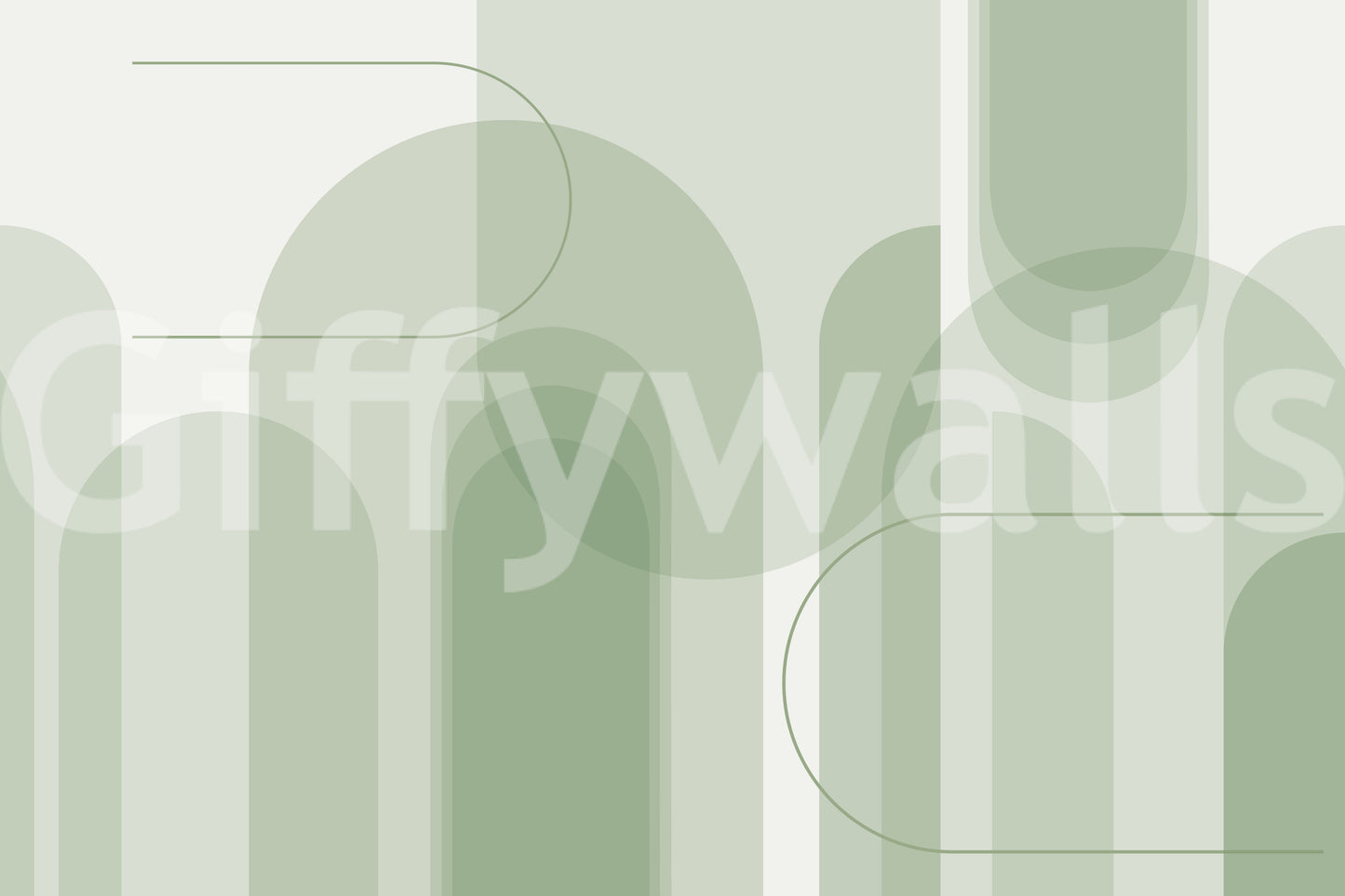 Muted green wall mural with arched forms, tonal blocks, and fine line accents