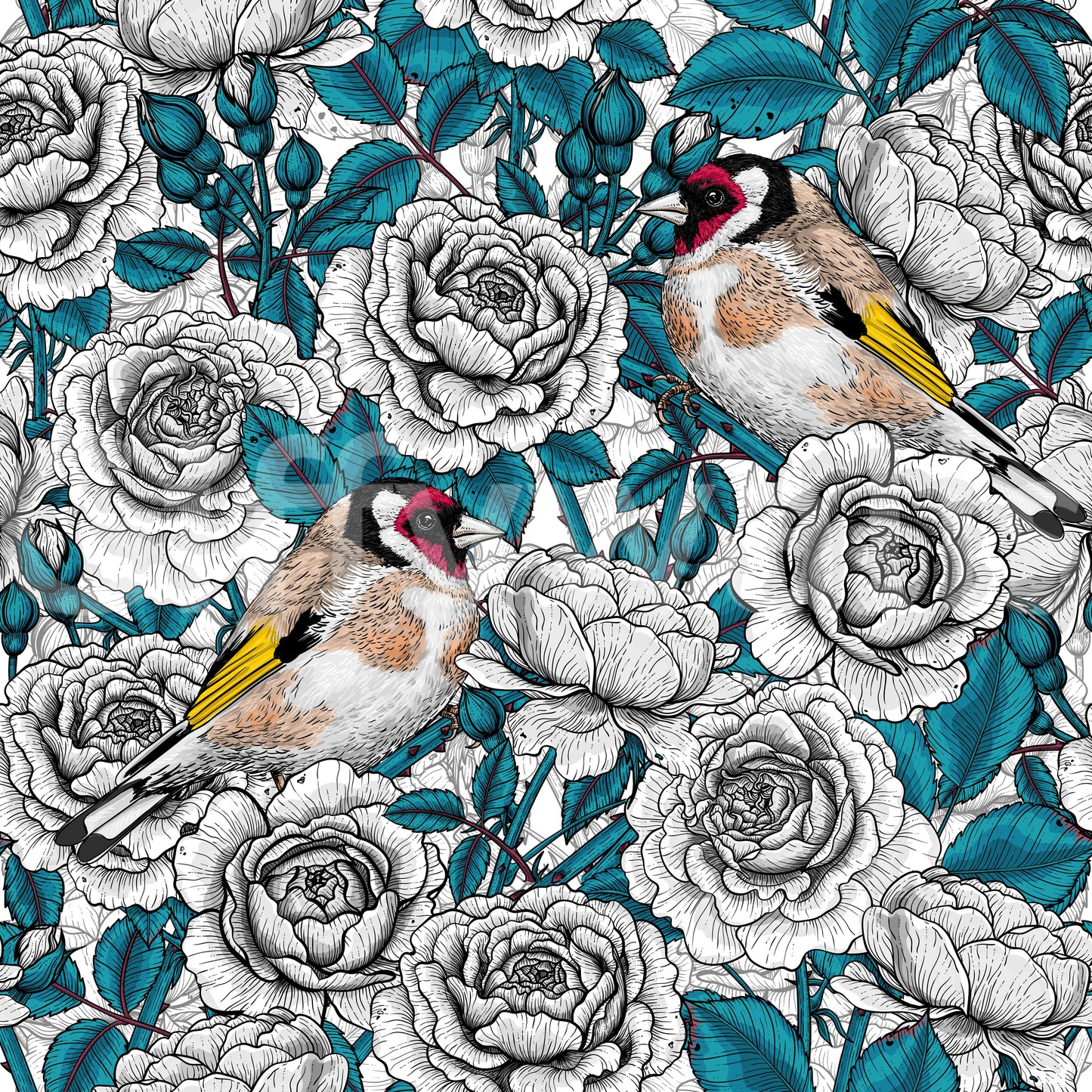 Goldfinch & White and Teal Rose Garden Wallpaper