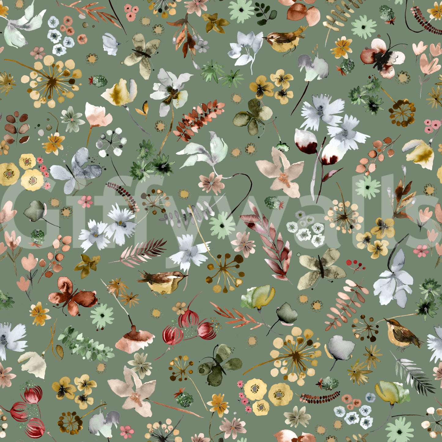 Earthy Woodland Watercolor Jade Green Wallpaper
