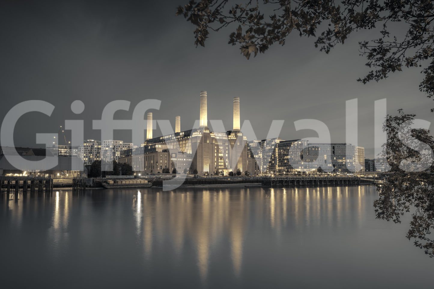 Architectural city wall mural with warm skyline lighting effects