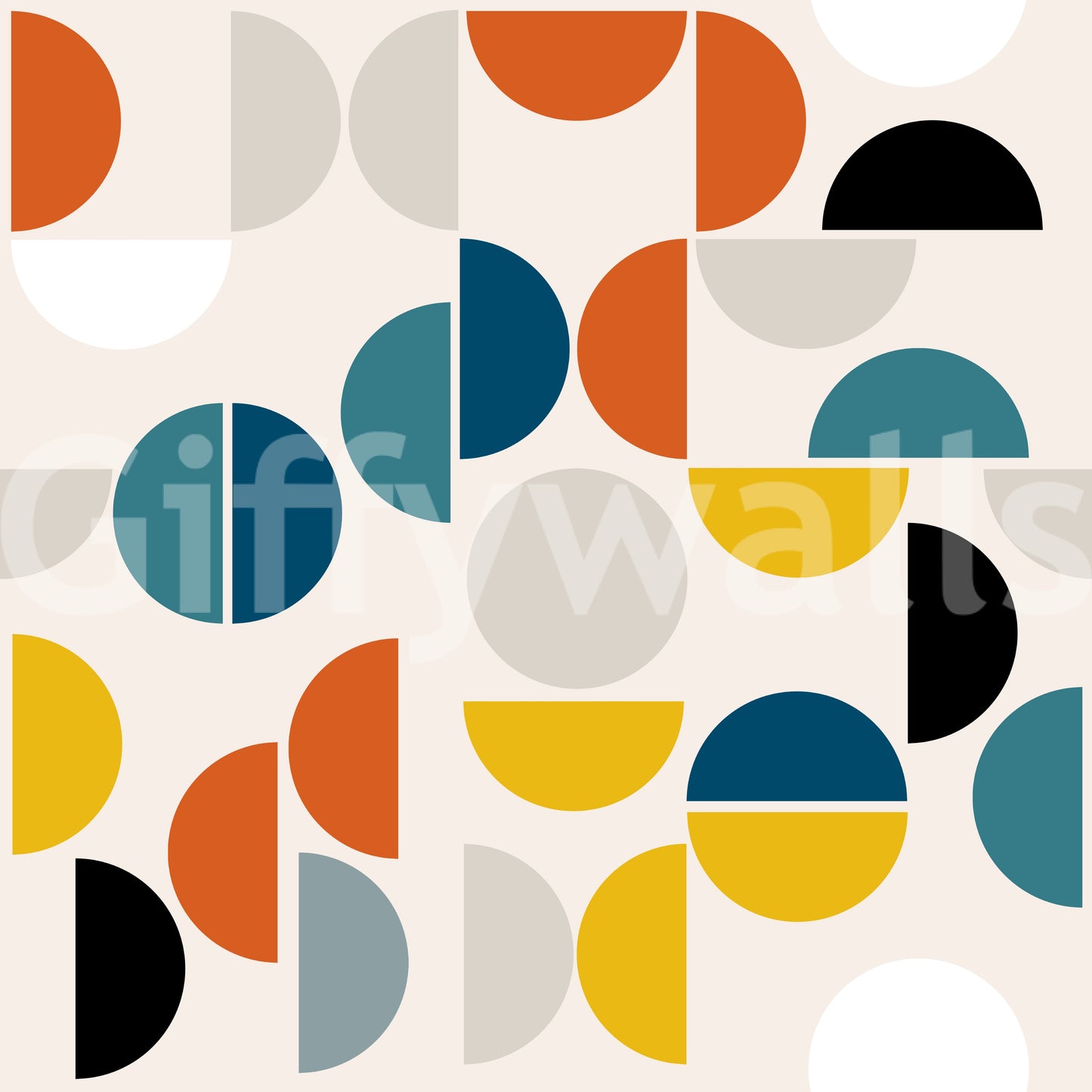 Geometric wallpaper pattern with rhythmic circles, arches, and soft gray details