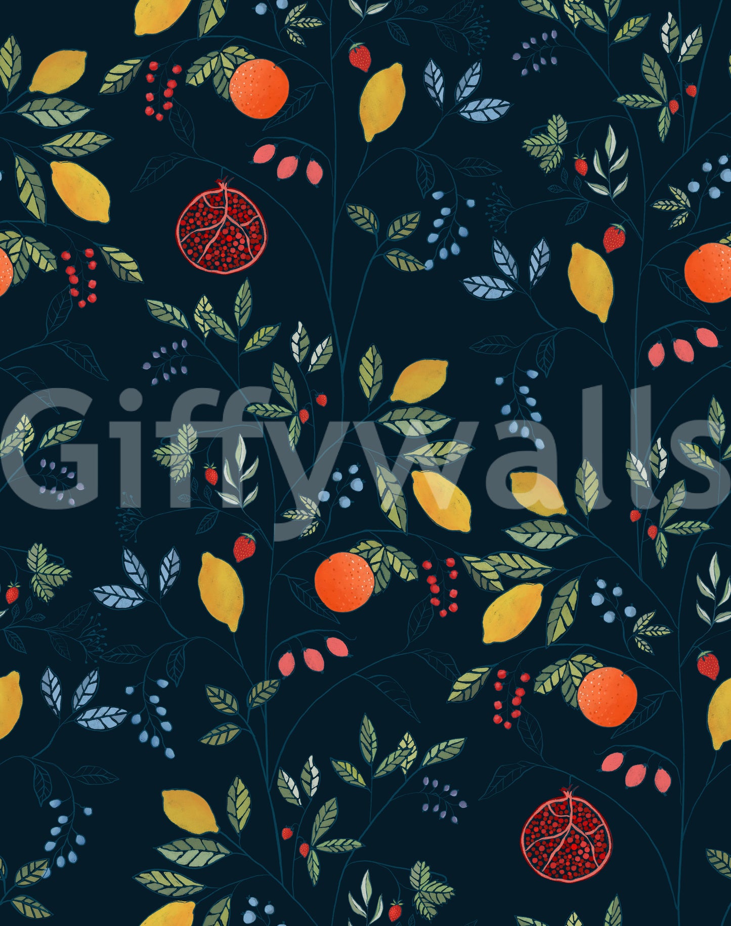 Vibrant Harvest Dark Blue Wallpaper with pomegranate, citrus, and berries