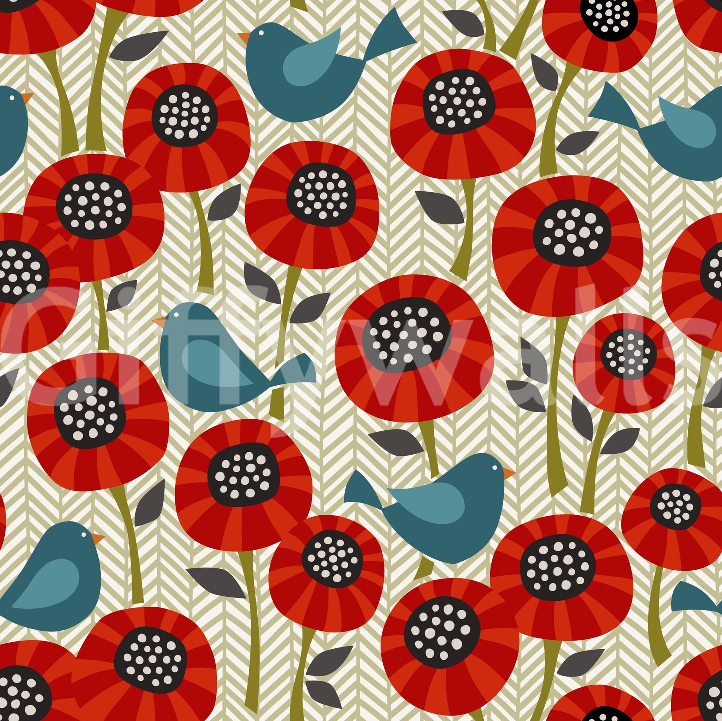 Poppies And Birds On Chevron Wallpaper