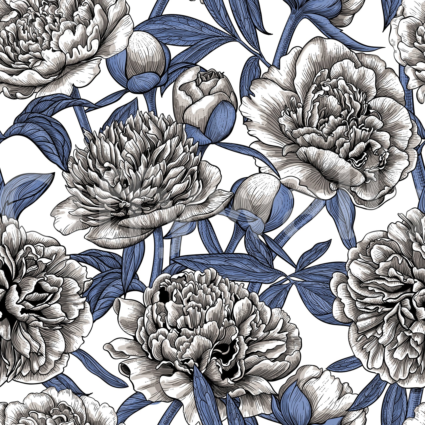 Vintage Blue and Cream Engraved Peonies Wallpaper Wallpaper