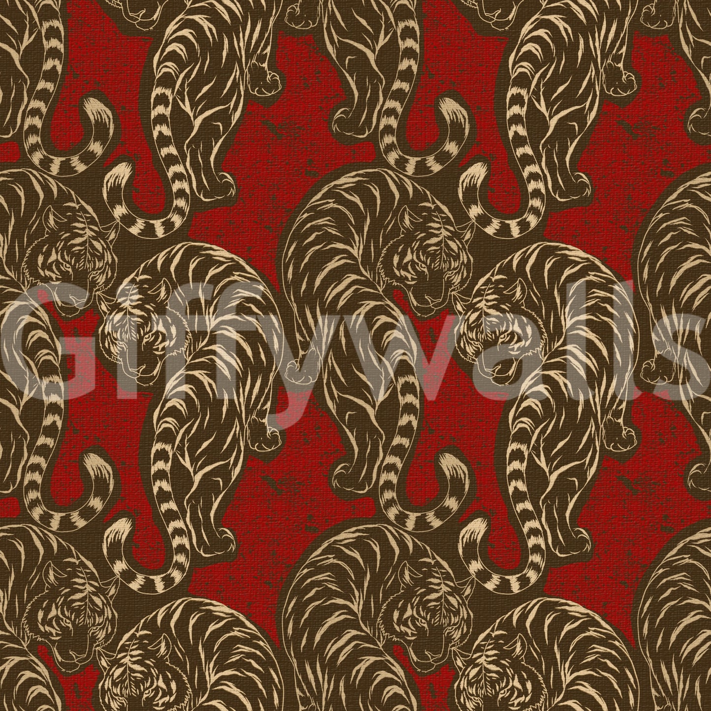 Heritage tiger motif builds a bold tone across this Imperial Crimson Stripes wallpaper.