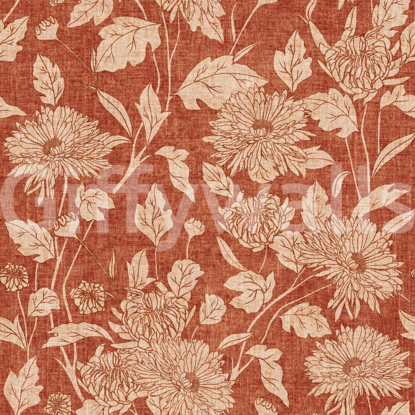 Terracotta Chrysanthemum Vintage Floral Wallpaper Wallpaper