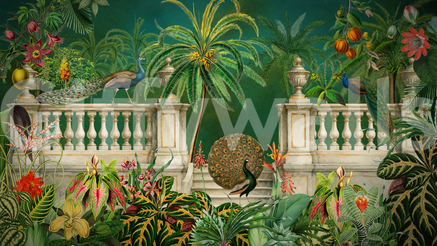 Majestic Peacock and Tropical Balustrade Wall Mural Wall Mural
