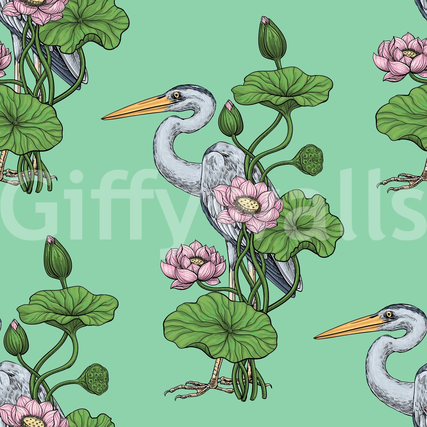 Heron in the Pink Lotus Garden on jade Wallpaper
