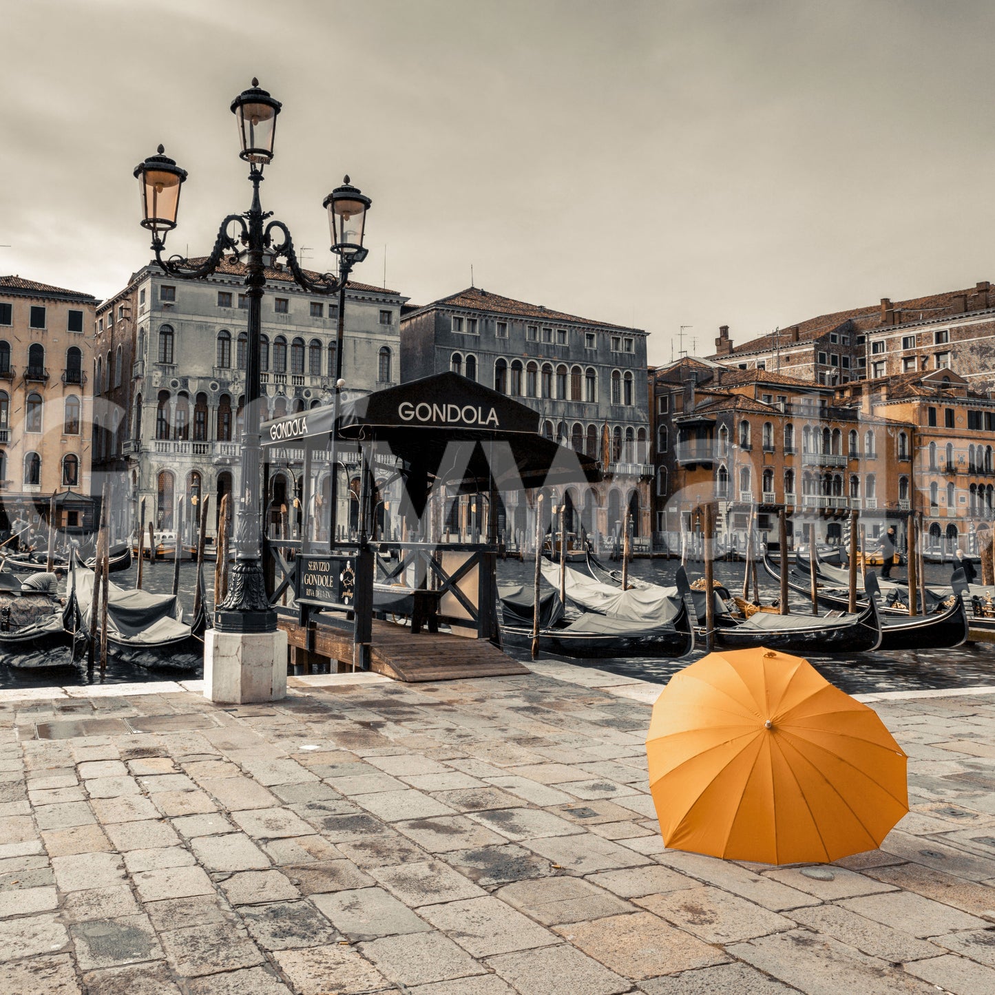 Serene Venice Canal with Orange Umbrella Wall Mural