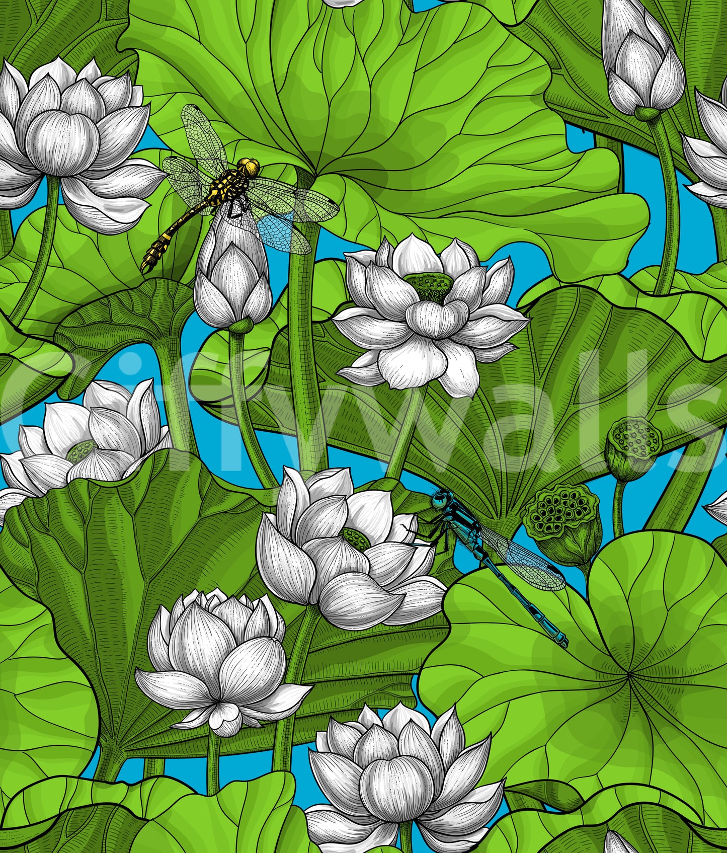 Zen Lotus Pond with Dragonflies in white and green Wallpaper
