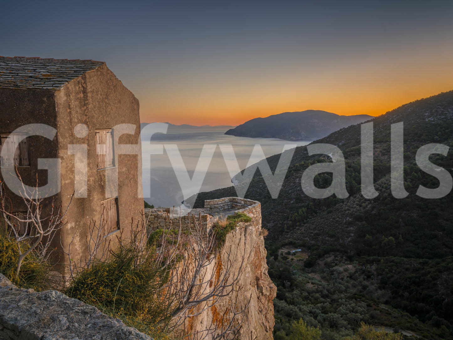 Rustic Stone Retreat at Golden Hour Wall Mural
