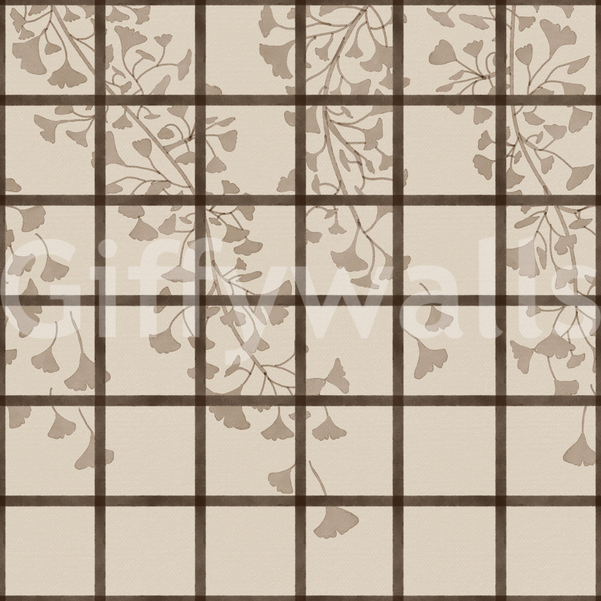 Neutral cream and brown fill the ginkgo shoji wall mural behind fine dark panels GD11495
