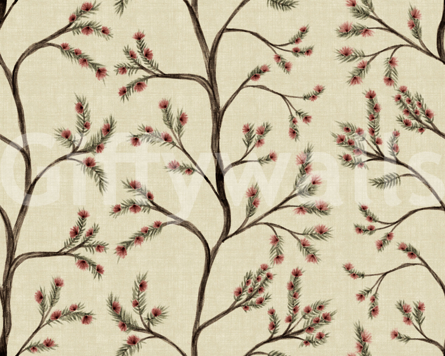 Asian Floral Branches on Antique Linen Wallpaper