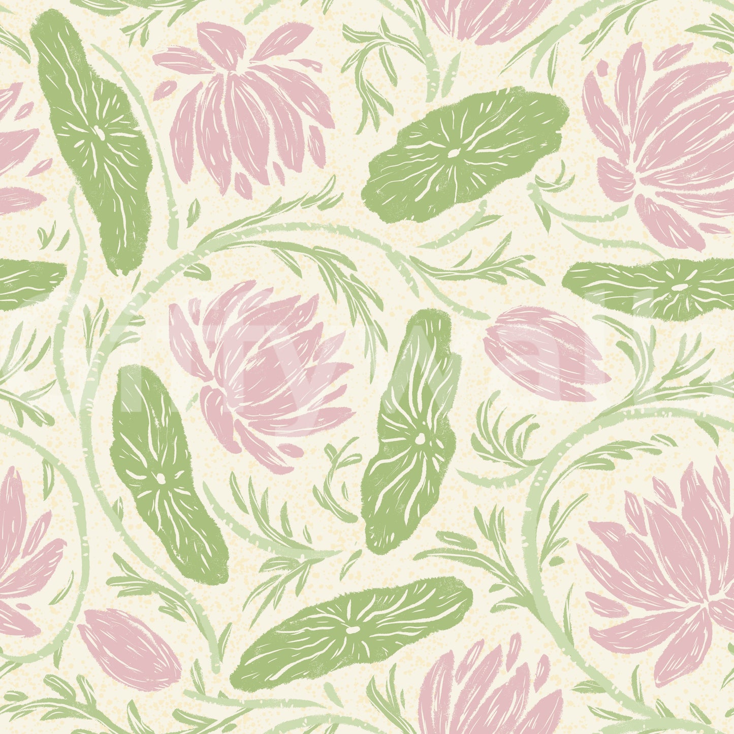 Lotus - Botanical Trailing Water Lily Floral Block Print- Pink and Green Wallpaper