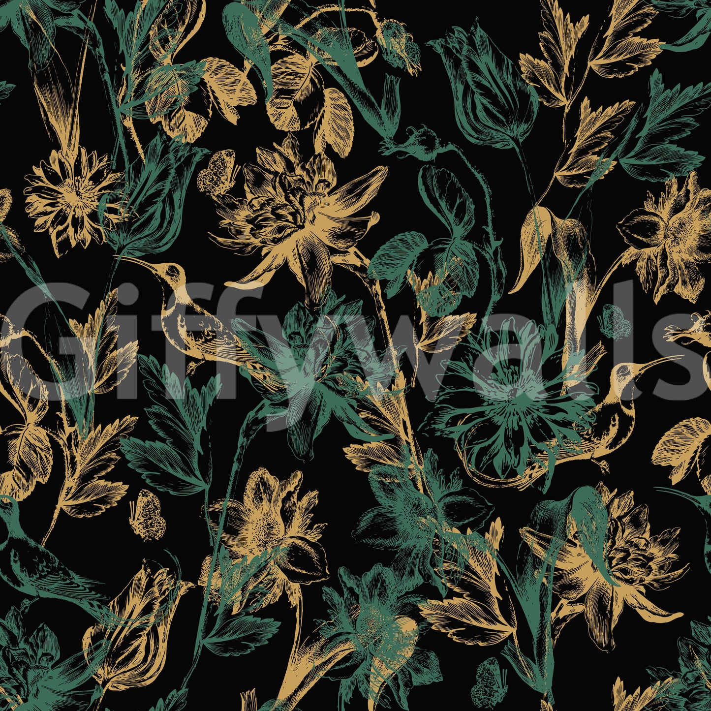 Golden Foliage and Hummingbird Art Wallpaper