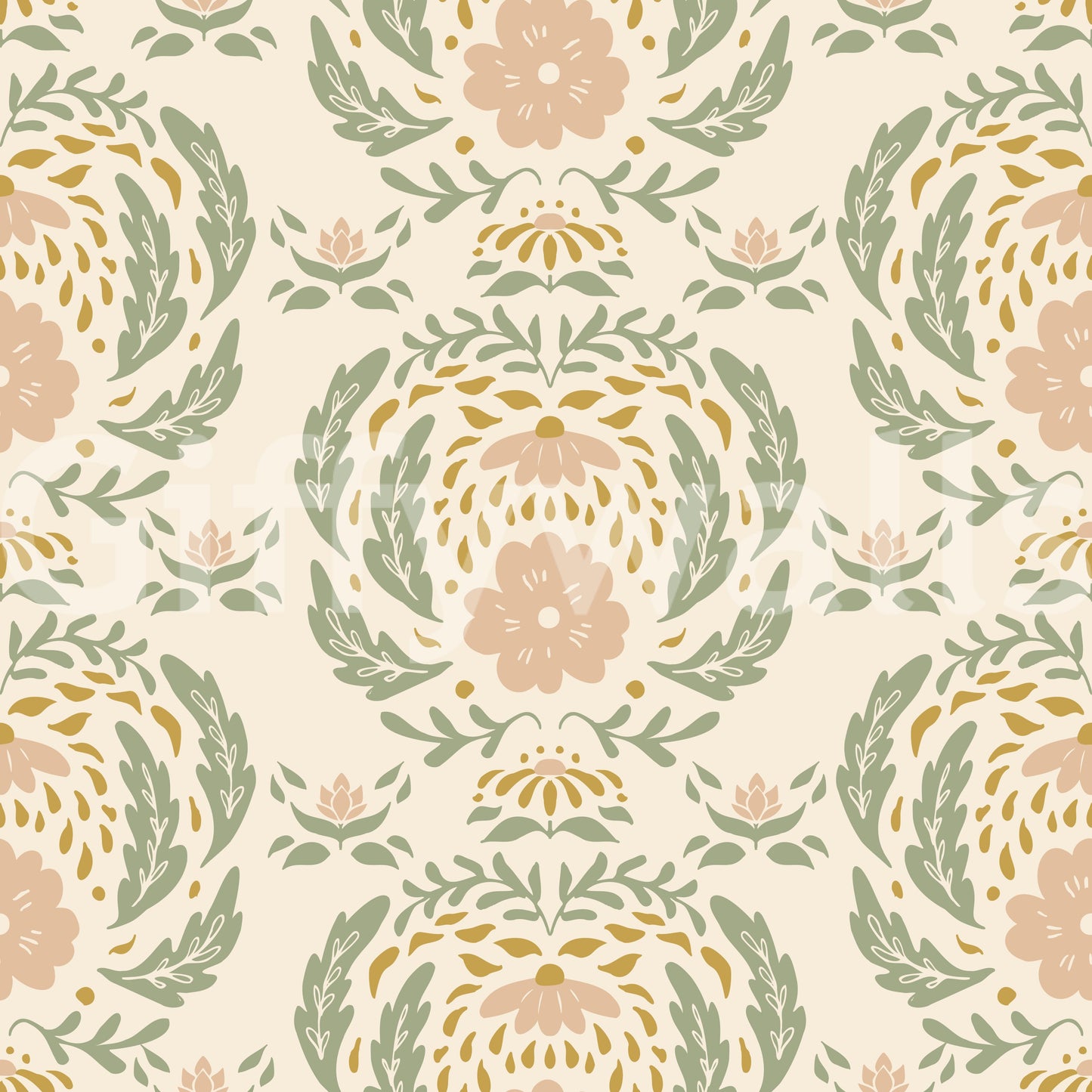 Sage and Blush Damask Botanical Wallpaper